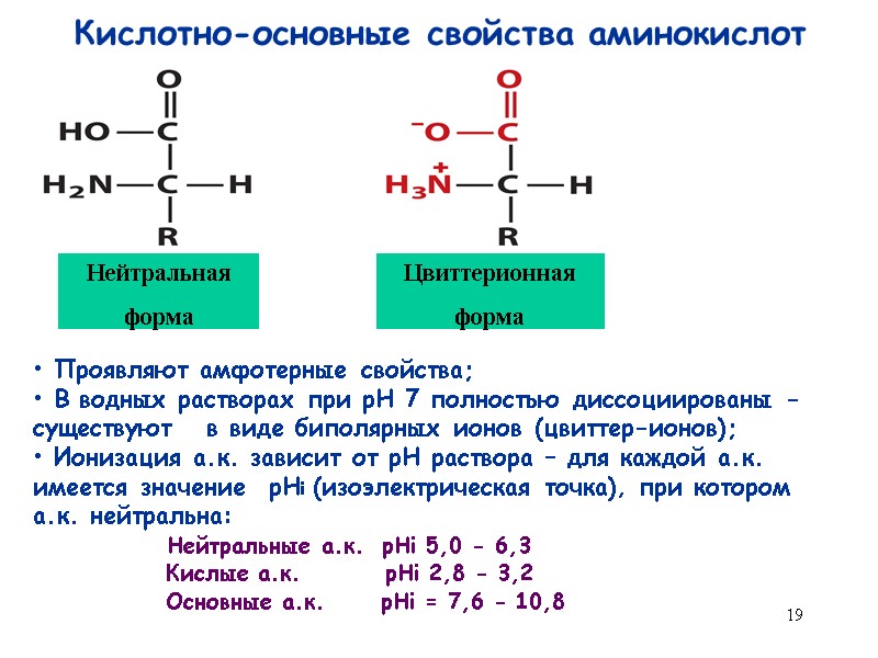 19 Кислотно-основные свойства аминокислот Нейтральная форма Цвиттерионная форма  Проявляют амфотерные свойства;  В